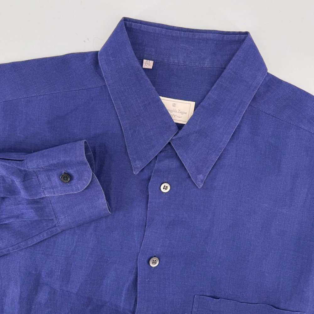 Ermenegildo Zegna Shirt Men 17.5 Blue Linen Long Sleeve Button Down Luxury Spain